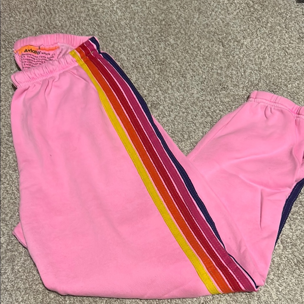 Aviator Nation Kids Pink Sweatpants with Rainbow Stripes